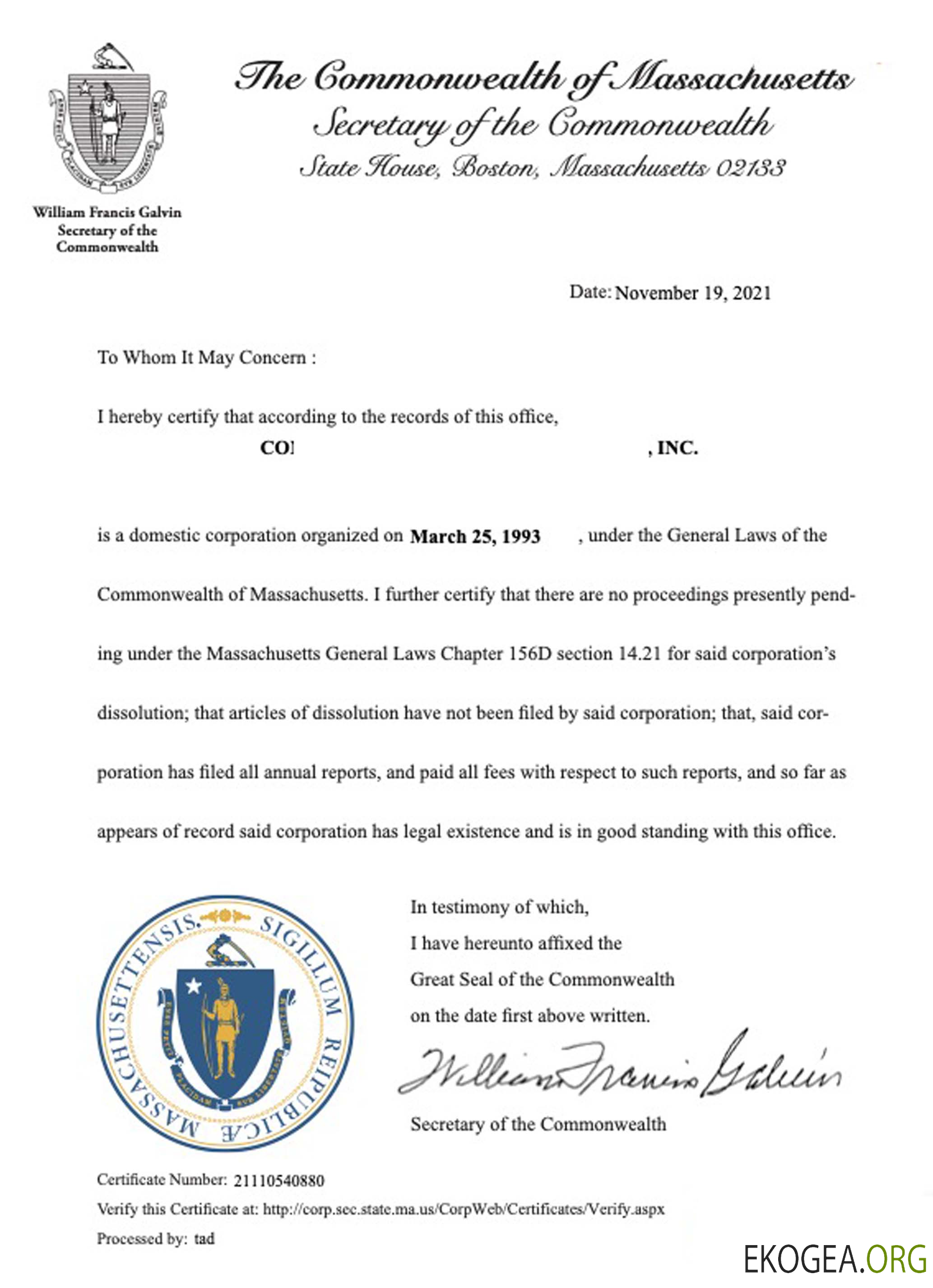 Certificat de bonne réputation aux États Unis, Massachusetts